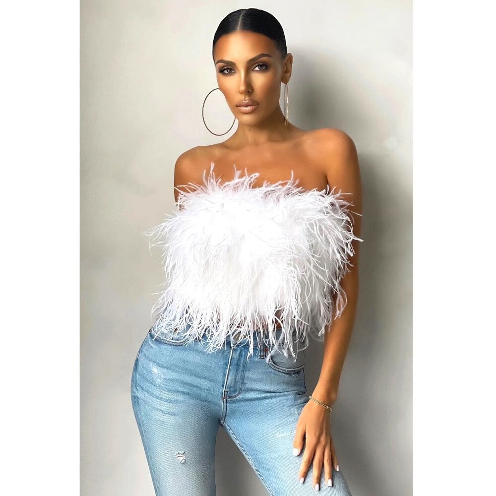 💥CHIC & SEXY💥100% OSTRICH FEATHERS BANDEAU CROP TOP in WHITE